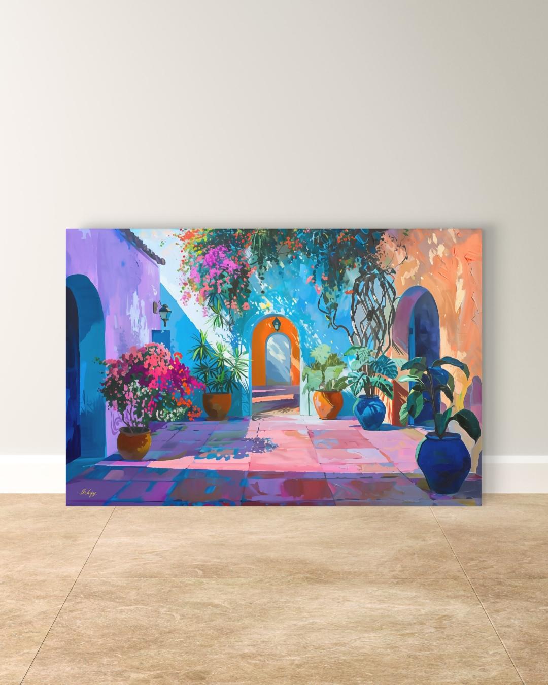 Spanish Courtyard Wall Art, Mediterranean Patio Painting, Colorful Architecture Canvas, European Travel Decor, Statement Home Art
