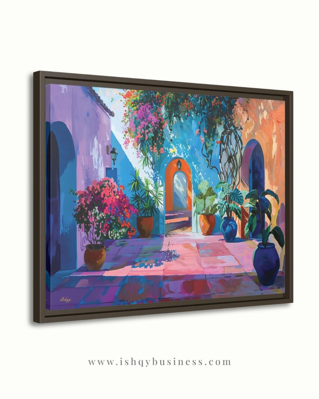 Spanish Courtyard Wall Art, Mediterranean Patio Painting, Colorful Architecture Canvas, European Travel Decor, Statement Home Art