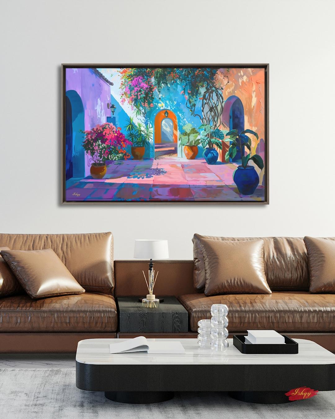 Spanish Courtyard Wall Art, Mediterranean Patio Painting, Colorful Architecture Canvas, European Travel Decor, Statement Home Art