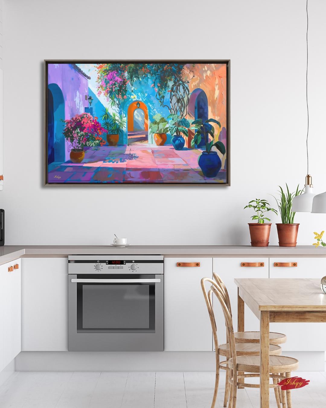 Spanish Courtyard Wall Art, Mediterranean Patio Painting, Colorful Architecture Canvas, European Travel Decor, Statement Home Art