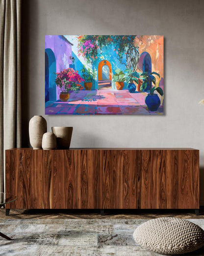 Spanish Courtyard Wall Art, Mediterranean Patio Painting, Colorful Architecture Canvas, European Travel Decor, Statement Home Art