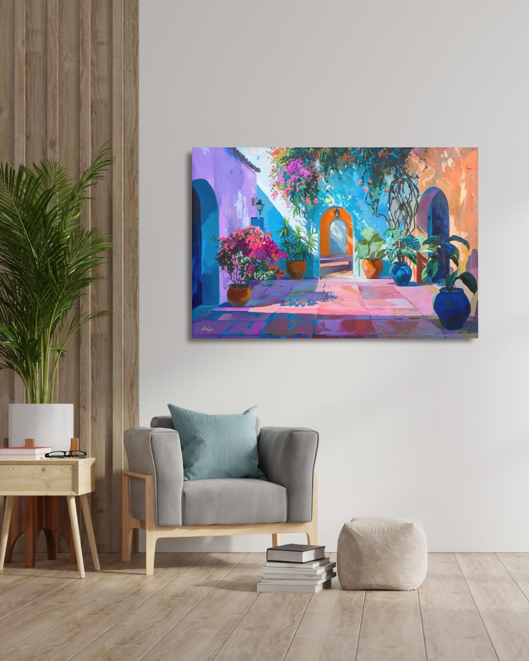 Spanish Courtyard Wall Art, Mediterranean Patio Painting, Colorful Architecture Canvas, European Travel Decor, Statement Home Art