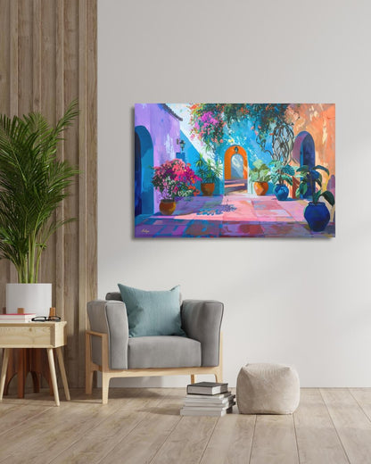 Spanish Courtyard Wall Art, Mediterranean Patio Painting, Colorful Architecture Canvas, European Travel Decor, Statement Home Art