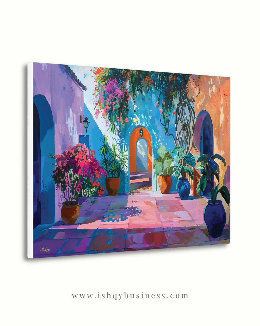 Spanish Courtyard Wall Art, Mediterranean Patio Painting, Colorful Architecture Canvas, European Travel Decor, Statement Home Art