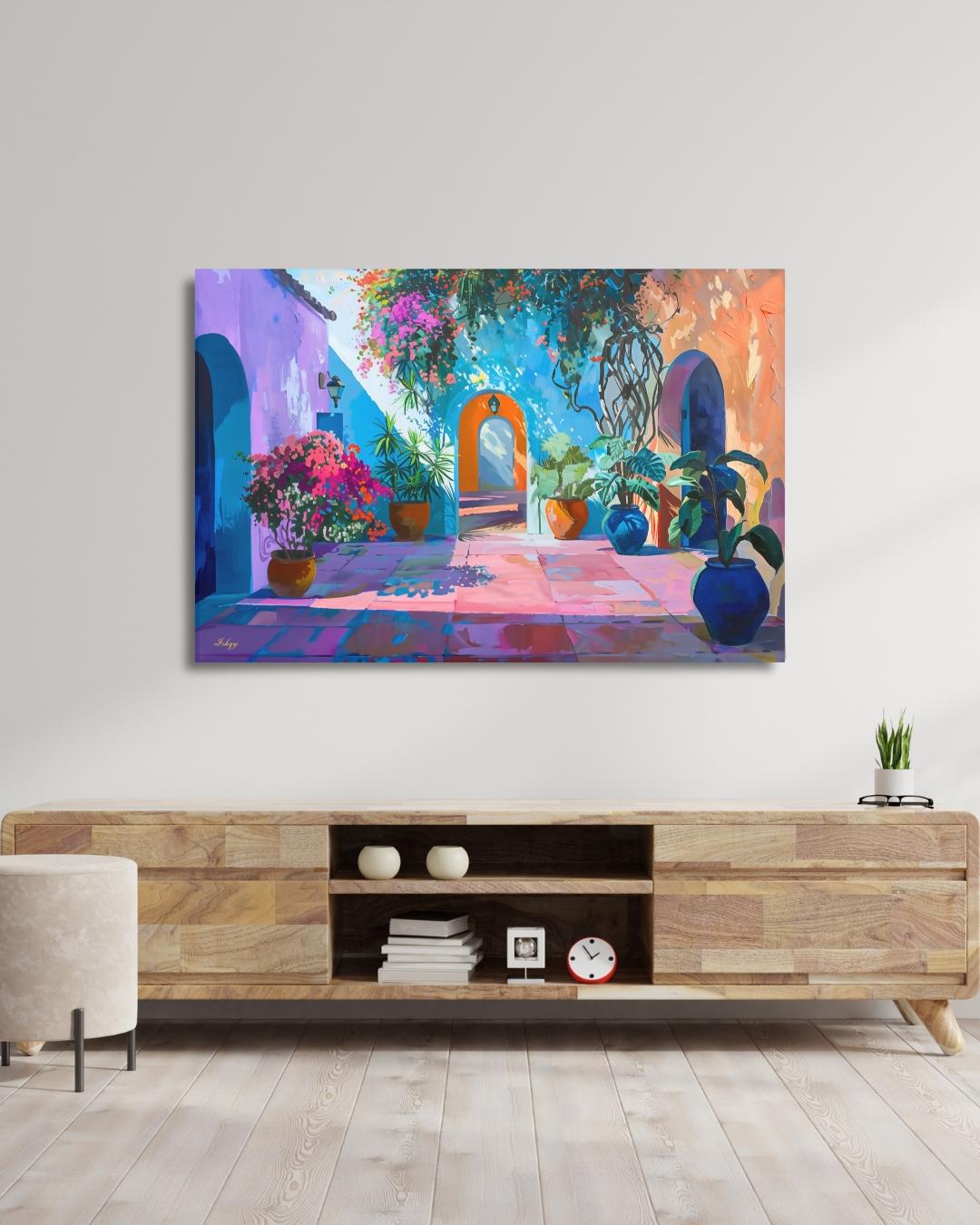 Spanish Courtyard Wall Art, Mediterranean Patio Painting, Colorful Architecture Canvas, European Travel Decor, Statement Home Art