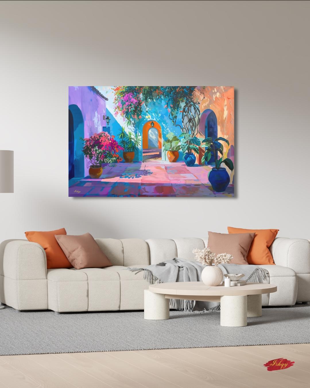 Spanish Courtyard Wall Art, Mediterranean Patio Painting, Colorful Architecture Canvas, European Travel Decor, Statement Home Art