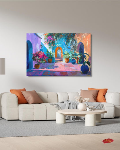 Spanish Courtyard Wall Art, Mediterranean Patio Painting, Colorful Architecture Canvas, European Travel Decor, Statement Home Art