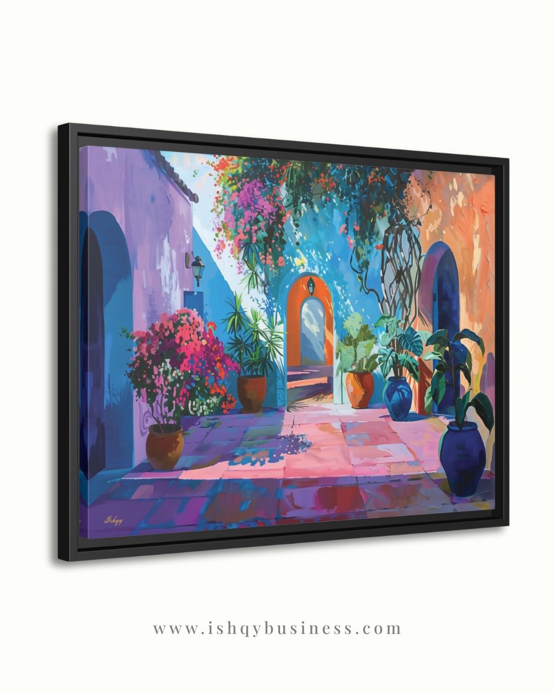 Spanish Courtyard Wall Art, Mediterranean Patio Painting, Colorful Architecture Canvas, European Travel Decor, Statement Home Art