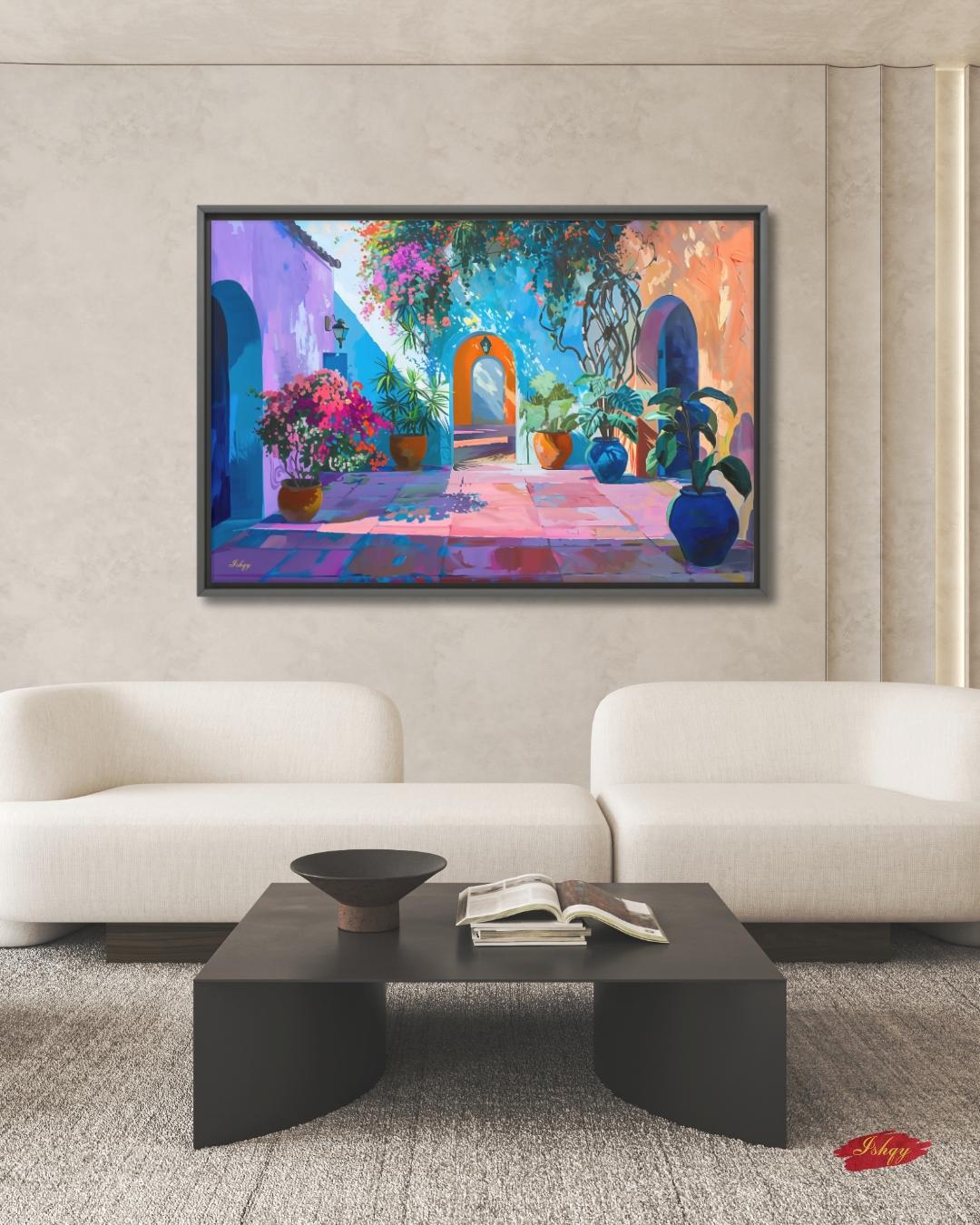 Spanish Courtyard Wall Art, Mediterranean Patio Painting, Colorful Architecture Canvas, European Travel Decor, Statement Home Art