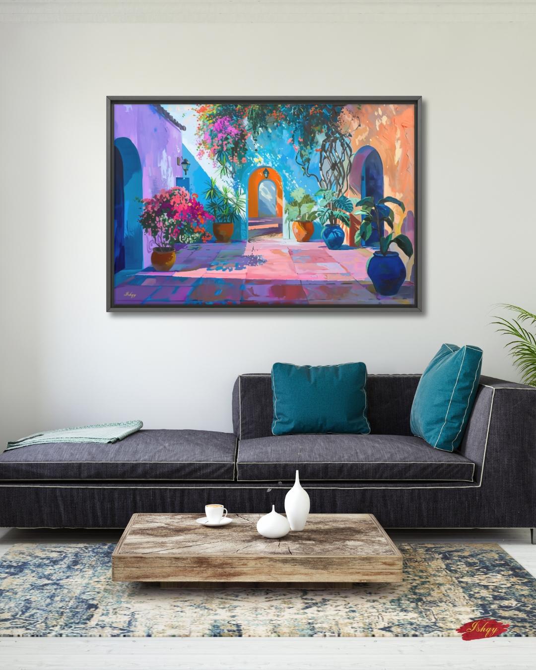 Spanish Courtyard Wall Art, Mediterranean Patio Painting, Colorful Architecture Canvas, European Travel Decor, Statement Home Art