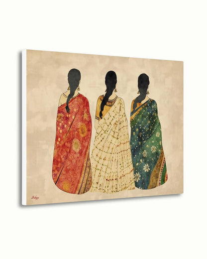 Indian Saree Women Trio Wall Art Print, Canvas, Framed Canvas, Boho Folk Textile Silhouette Painting, Cultural Bedroom Living Room Decor