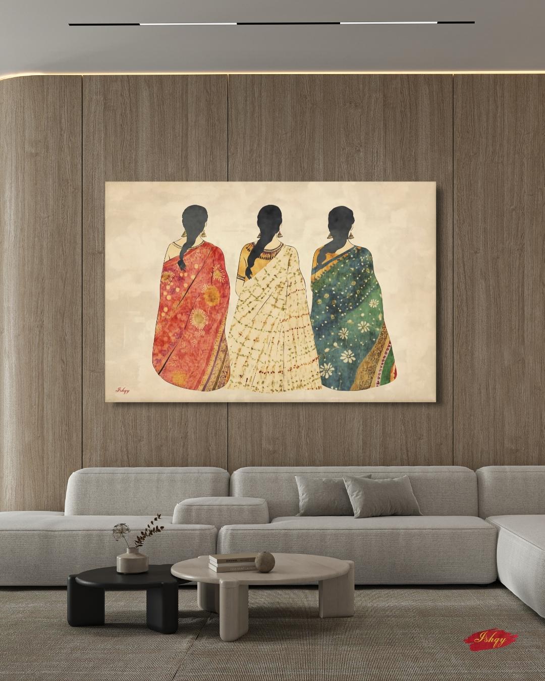 Indian Saree Women Trio Wall Art Print, Canvas, Framed Canvas, Boho Folk Textile Silhouette Painting, Cultural Bedroom Living Room Decor