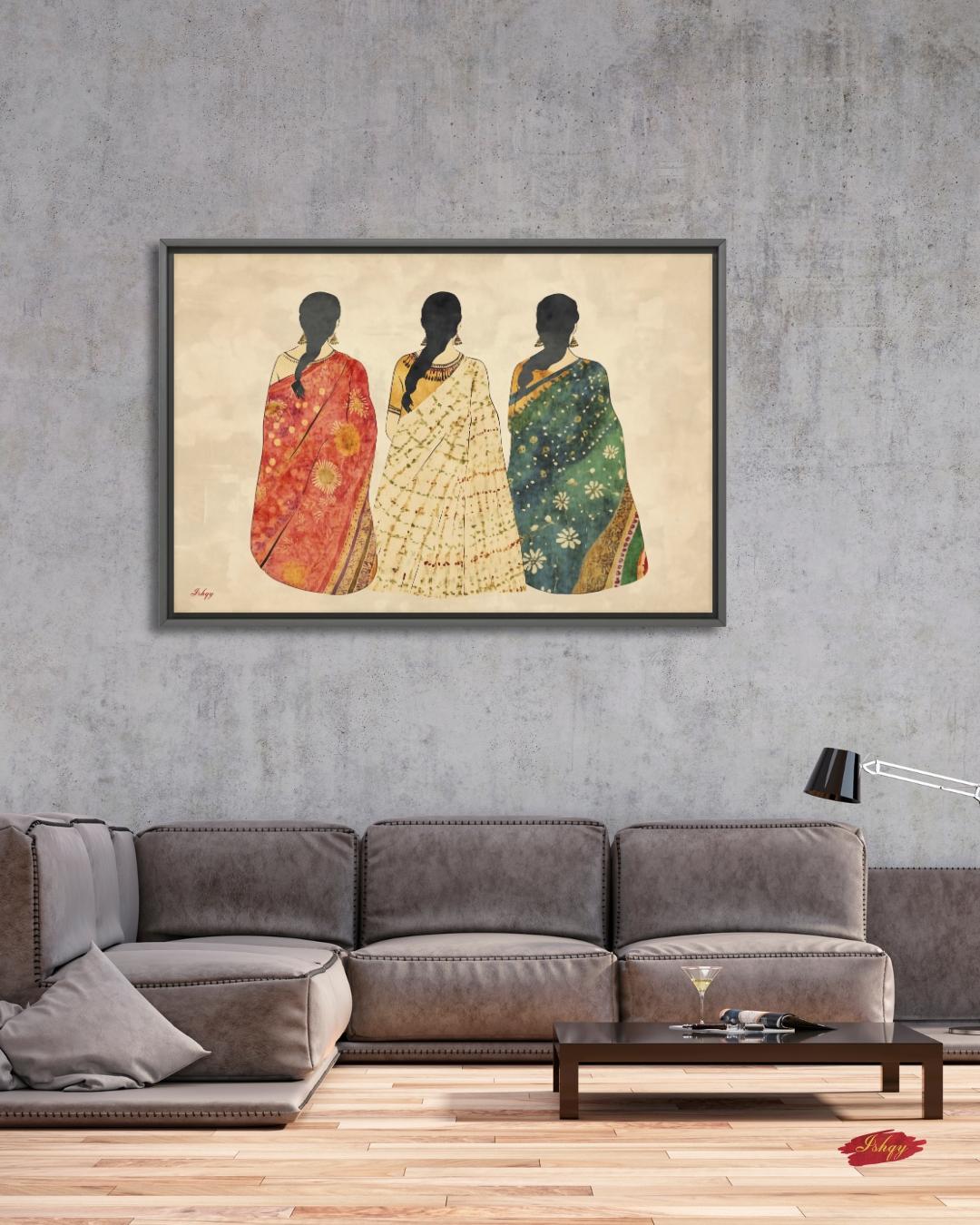 Indian Saree Women Trio Wall Art Print, Canvas, Framed Canvas, Boho Folk Textile Silhouette Painting, Cultural Bedroom Living Room Decor