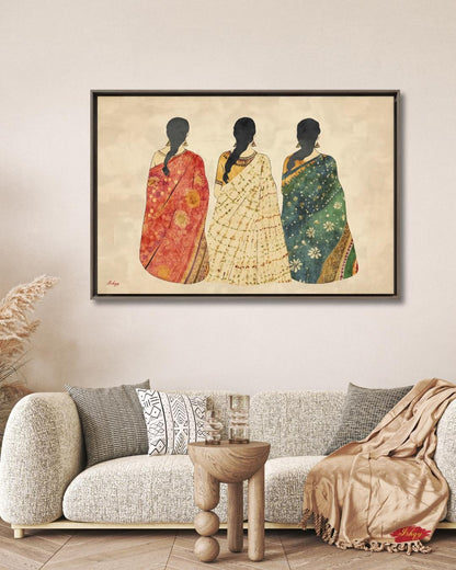 Indian Saree Women Trio Wall Art Print, Canvas, Framed Canvas, Boho Folk Textile Silhouette Painting, Cultural Bedroom Living Room Decor