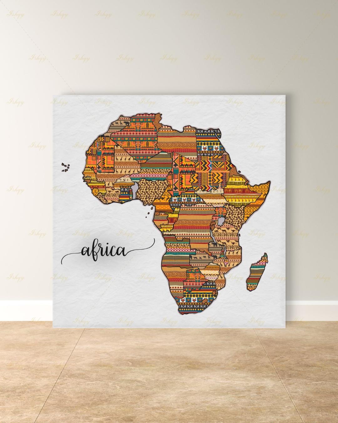 Africa Map Wall Art Canvas Print, African Tribal Pattern Map, Boho Travel Decor, Framed Canvas Map Artwork, Housewarming Gift, Nursery Decor