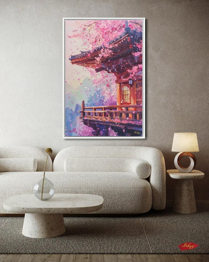 Japanese Cherry Blossom Wall Art, Sakura Temple Painting, Spring Japan Landscape Canvas, Asian Architecture Decor, Serene Home Art Print