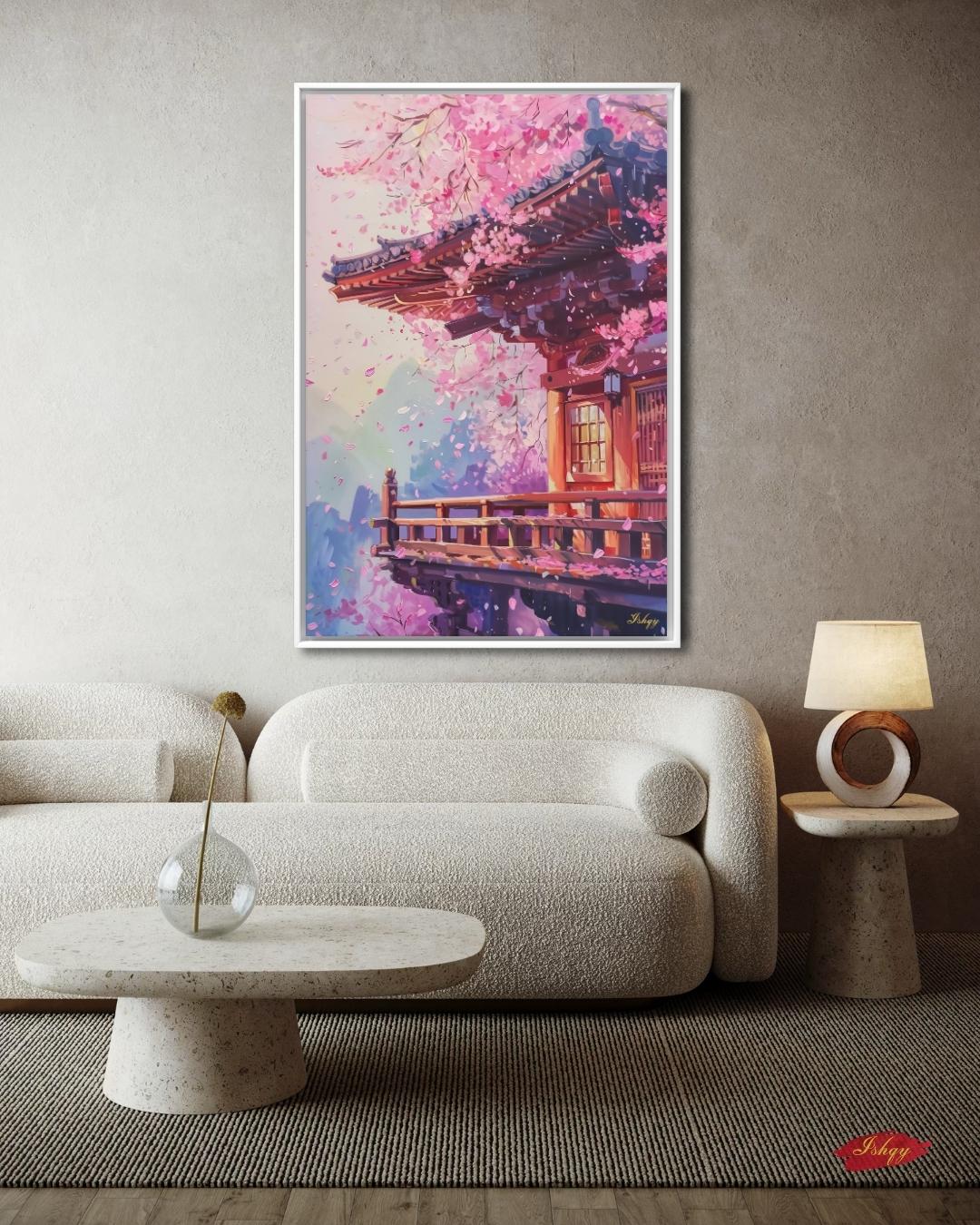 Japanese Cherry Blossom Wall Art, Sakura Temple Painting, Spring Japan Landscape Canvas, Asian Architecture Decor, Serene Home Art Print