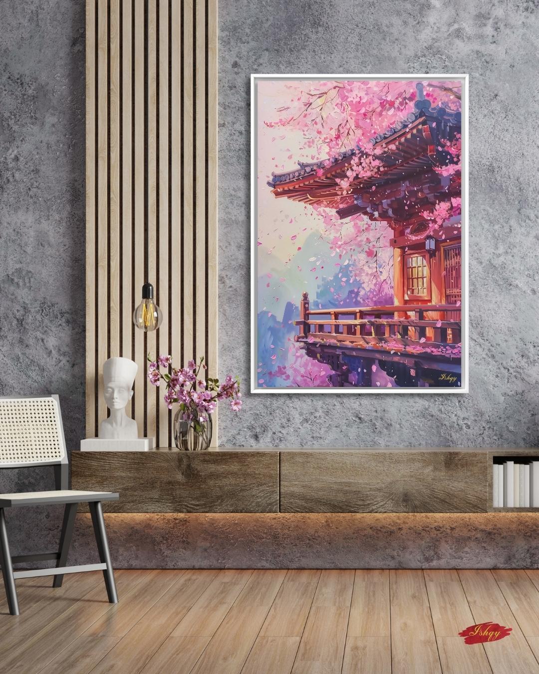 Japanese Cherry Blossom Wall Art, Sakura Temple Painting, Spring Japan Landscape Canvas, Asian Architecture Decor, Serene Home Art Print