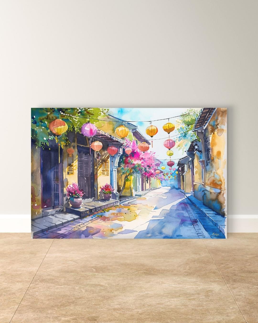 Hoi An Vietnam Lantern Street Canvas Wall Art, Watercolor Vietnamese Cityscape Framed Canvas Print, Colorful Old Town Painting, Living Room Decor