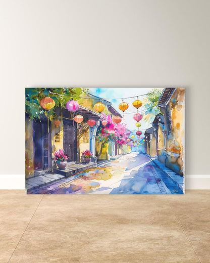 Hoi An Vietnam Lantern Street Canvas Wall Art, Watercolor Vietnamese Cityscape Framed Canvas Print, Colorful Old Town Painting, Living Room Decor