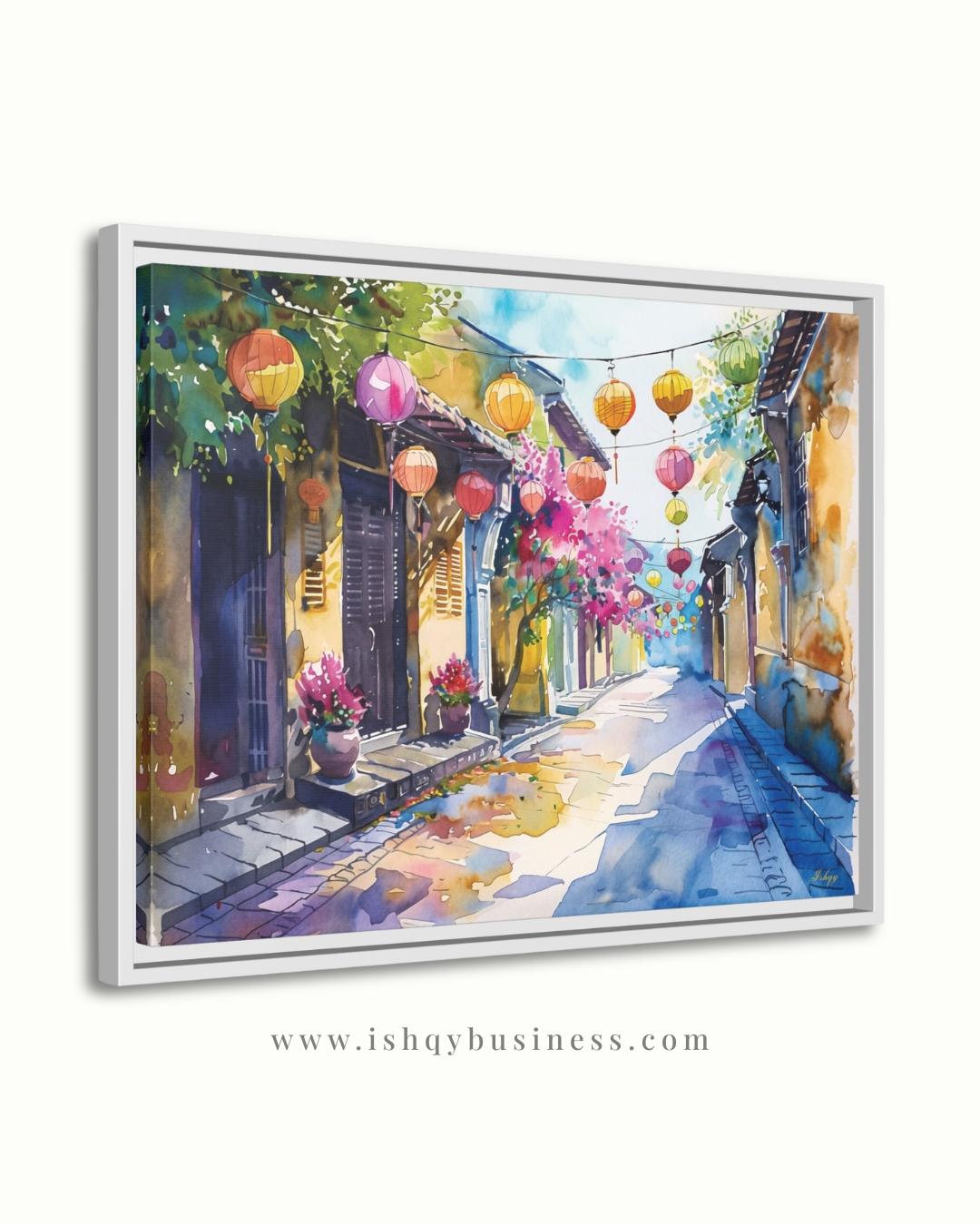 Hoi An Vietnam Lantern Street Canvas Wall Art, Watercolor Vietnamese Cityscape Framed Canvas Print, Colorful Old Town Painting, Living Room Decor