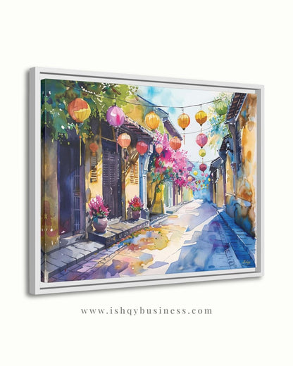 Hoi An Vietnam Lantern Street Canvas Wall Art, Watercolor Vietnamese Cityscape Framed Canvas Print, Colorful Old Town Painting, Living Room Decor