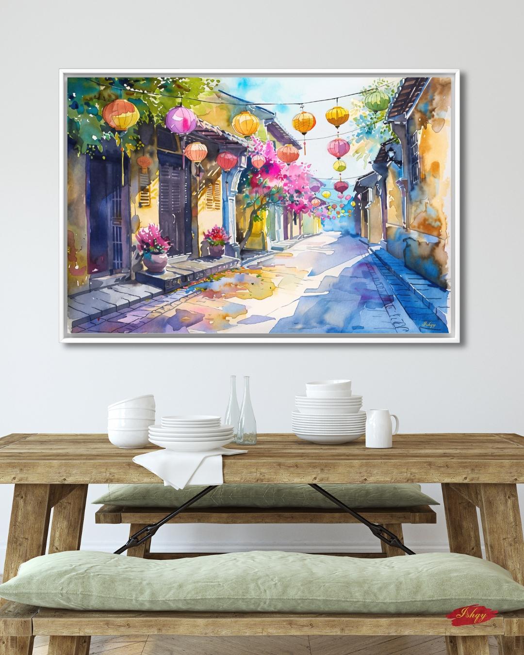 Hoi An Vietnam Lantern Street Canvas Wall Art, Watercolor Vietnamese Cityscape Framed Canvas Print, Colorful Old Town Painting, Living Room Decor