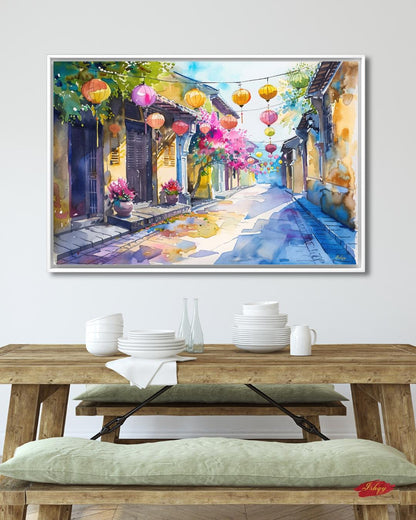 Hoi An Vietnam Lantern Street Canvas Wall Art, Watercolor Vietnamese Cityscape Framed Canvas Print, Colorful Old Town Painting, Living Room Decor