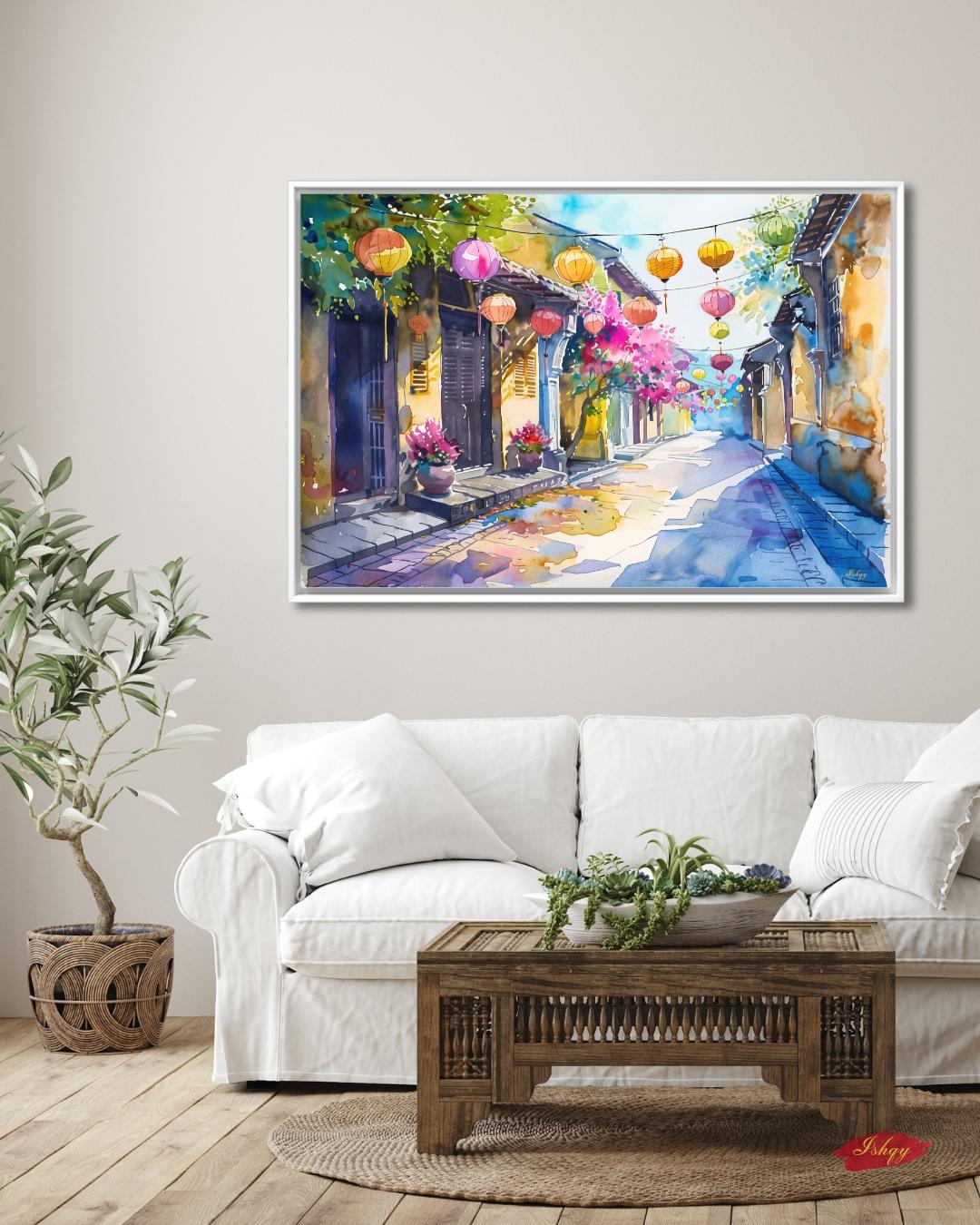 Hoi An Vietnam Lantern Street Canvas Wall Art, Watercolor Vietnamese Cityscape Framed Canvas Print, Colorful Old Town Painting, Living Room Decor