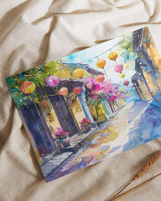 Hoi An Vietnam Lantern Street Canvas Wall Art, Watercolor Vietnamese Cityscape Framed Canvas Print, Colorful Old Town Painting, Living Room Decor
