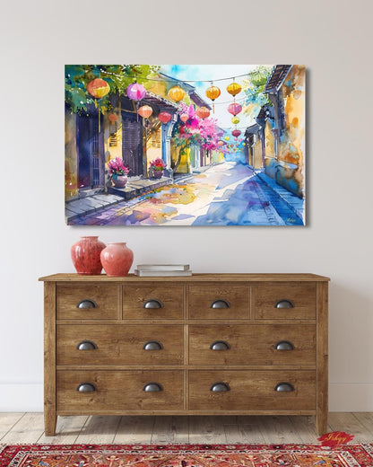 Hoi An Vietnam Lantern Street Canvas Wall Art, Watercolor Vietnamese Cityscape Framed Canvas Print, Colorful Old Town Painting, Living Room Decor