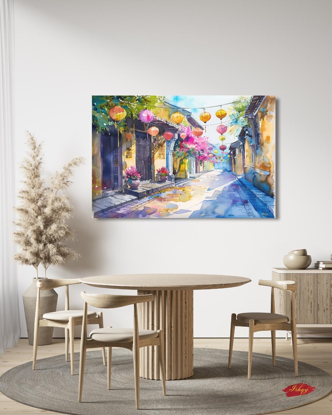 Hoi An Vietnam Lantern Street Canvas Wall Art, Watercolor Vietnamese Cityscape Framed Canvas Print, Colorful Old Town Painting, Living Room Decor