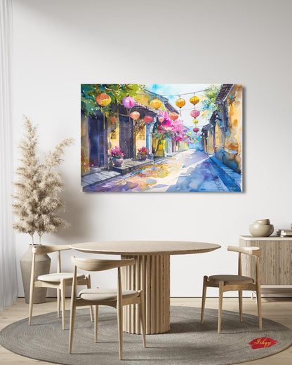 Hoi An Vietnam Lantern Street Canvas Wall Art, Watercolor Vietnamese Cityscape Framed Canvas Print, Colorful Old Town Painting, Living Room Decor