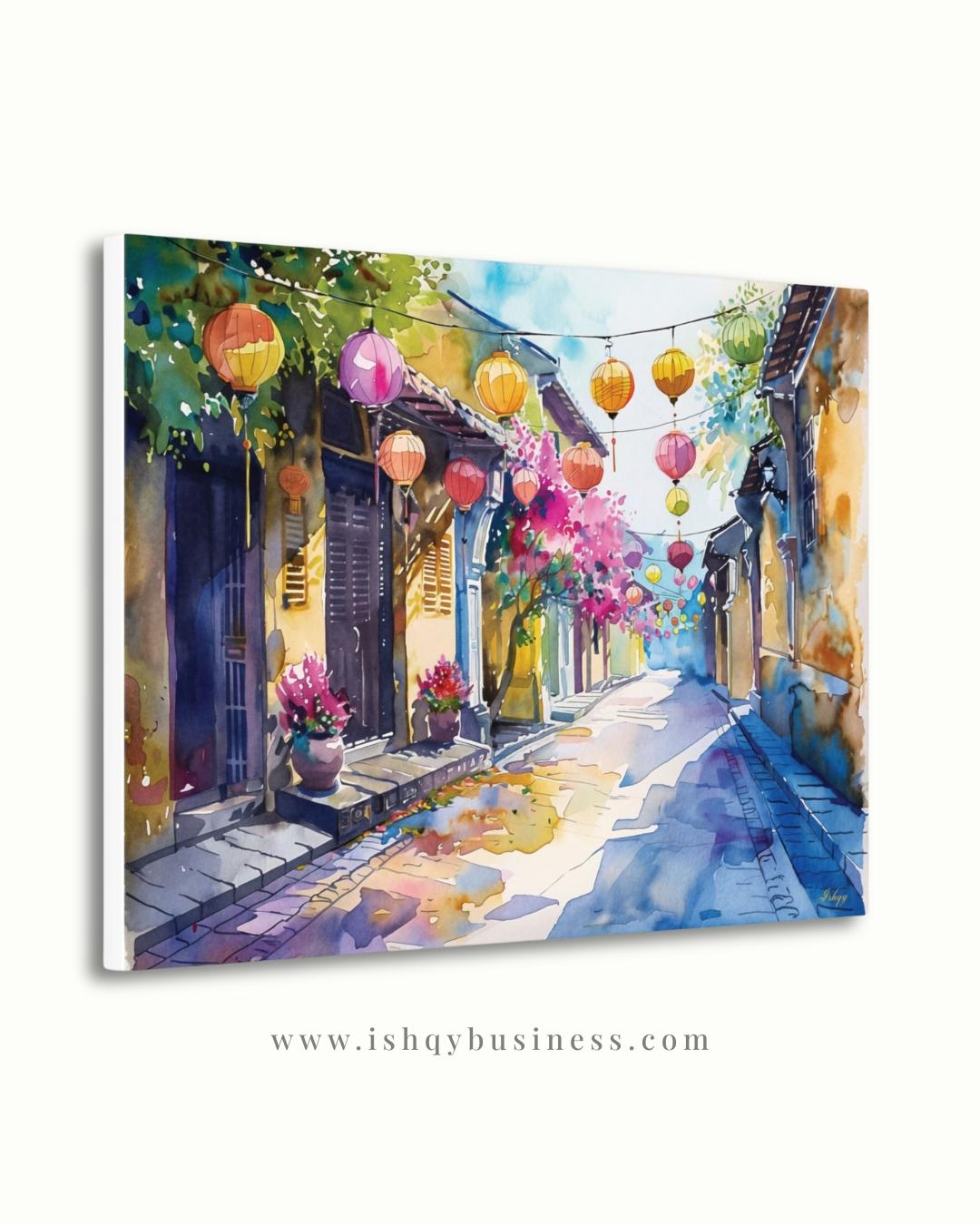 Hoi An Vietnam Lantern Street Canvas Wall Art, Watercolor Vietnamese Cityscape Framed Canvas Print, Colorful Old Town Painting, Living Room Decor