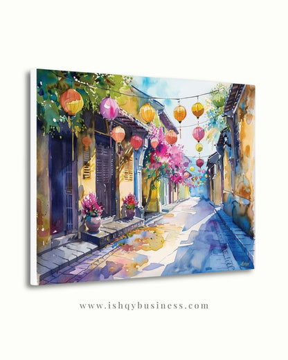 Hoi An Vietnam Lantern Street Canvas Wall Art, Watercolor Vietnamese Cityscape Framed Canvas Print, Colorful Old Town Painting, Living Room Decor