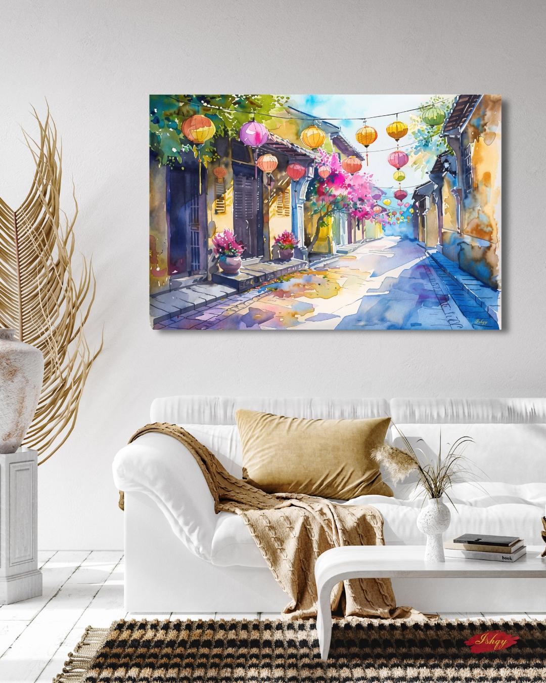 Hoi An Vietnam Lantern Street Canvas Wall Art, Watercolor Vietnamese Cityscape Framed Canvas Print, Colorful Old Town Painting, Living Room Decor