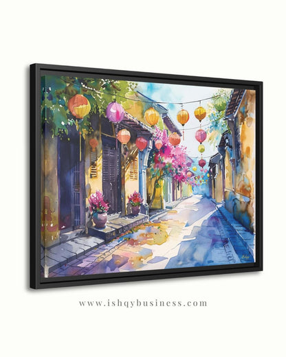 Hoi An Vietnam Lantern Street Canvas Wall Art, Watercolor Vietnamese Cityscape Framed Canvas Print, Colorful Old Town Painting, Living Room Decor