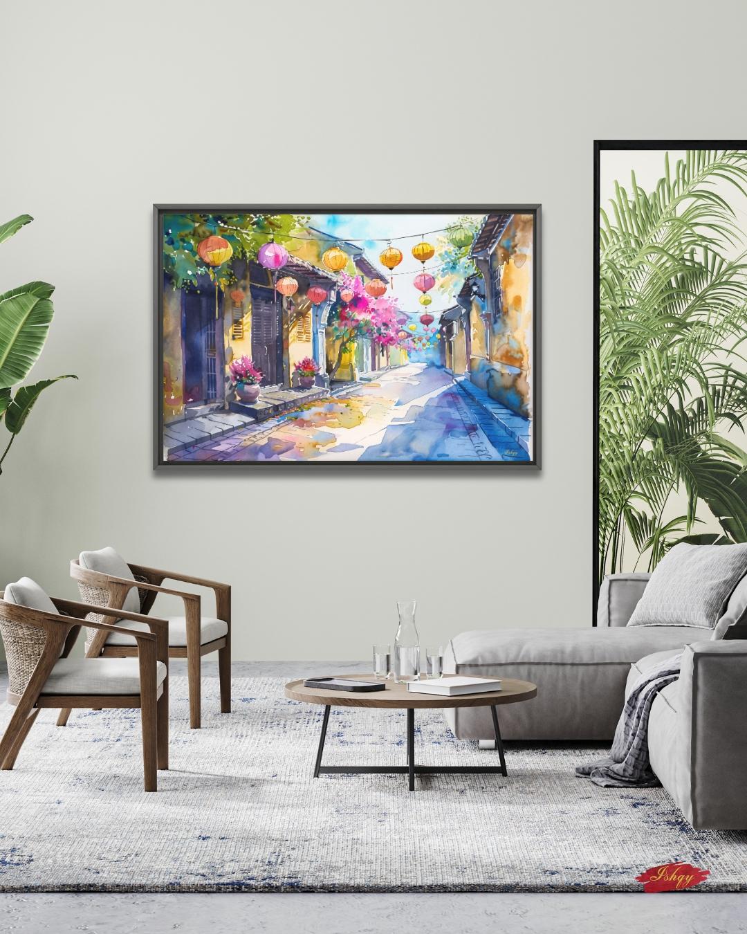 Hoi An Vietnam Lantern Street Canvas Wall Art, Watercolor Vietnamese Cityscape Framed Canvas Print, Colorful Old Town Painting, Living Room Decor