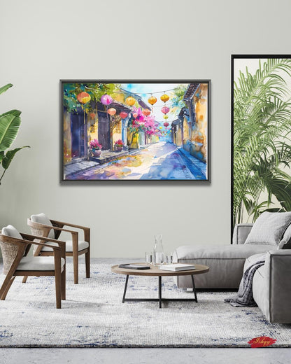 Hoi An Vietnam Lantern Street Canvas Wall Art, Watercolor Vietnamese Cityscape Framed Canvas Print, Colorful Old Town Painting, Living Room Decor