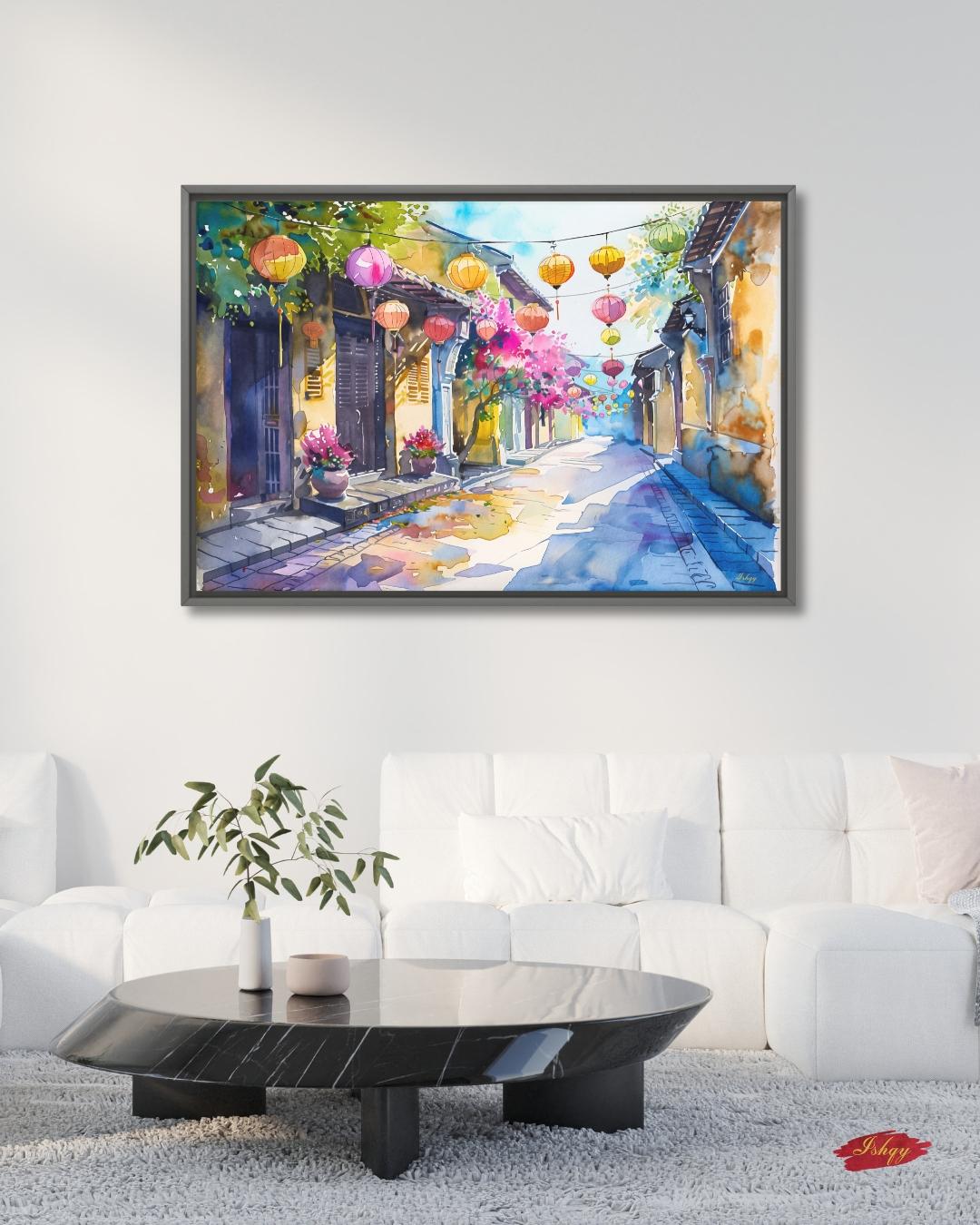 Hoi An Vietnam Lantern Street Canvas Wall Art, Watercolor Vietnamese Cityscape Framed Canvas Print, Colorful Old Town Painting, Living Room Decor