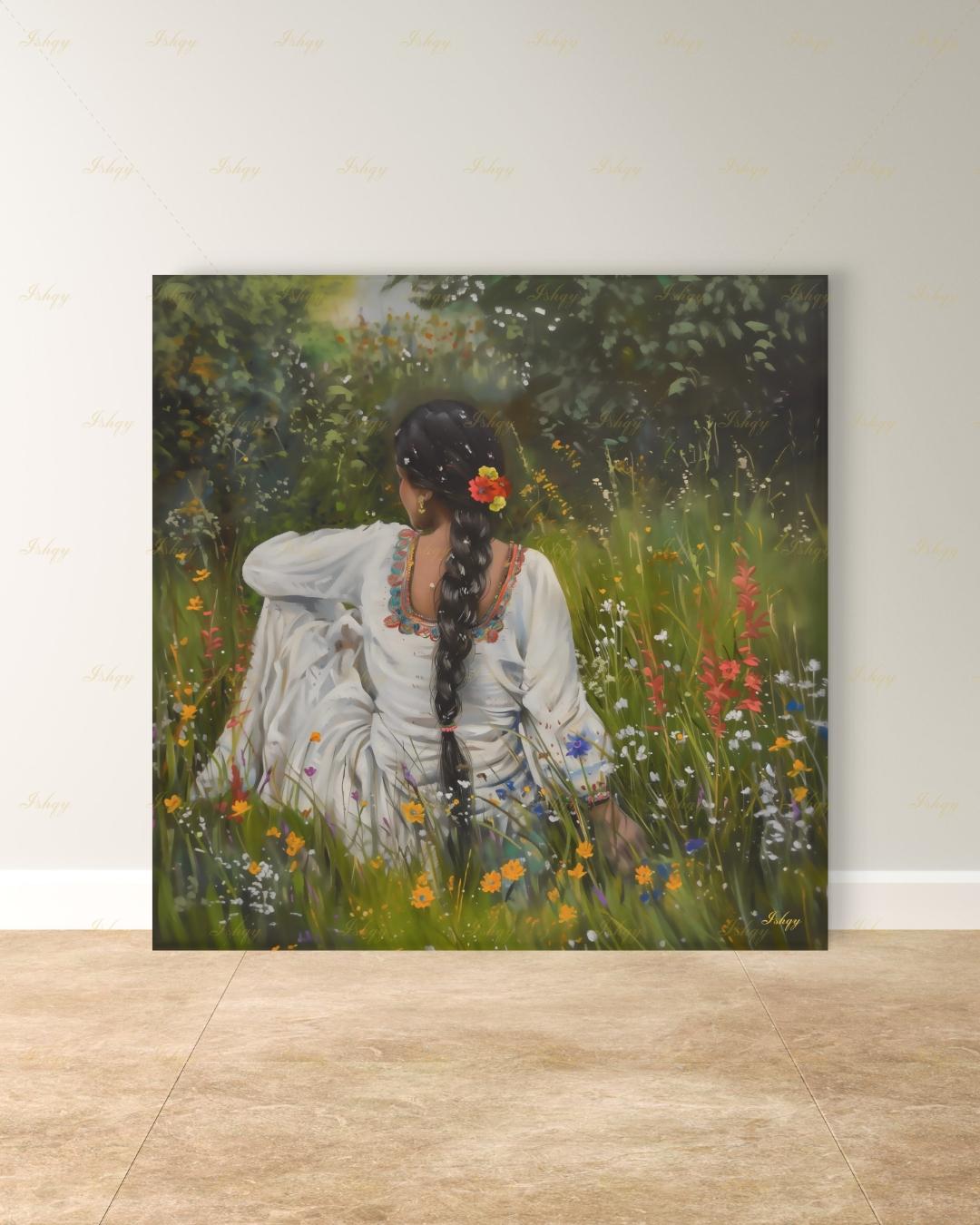 Punjabi Woman Wall Art, Wildflower Meadow Canvas Print, Indian Boho Nature Decor, Cottagecore Floral Art, Framed Canvas, Gift for Her