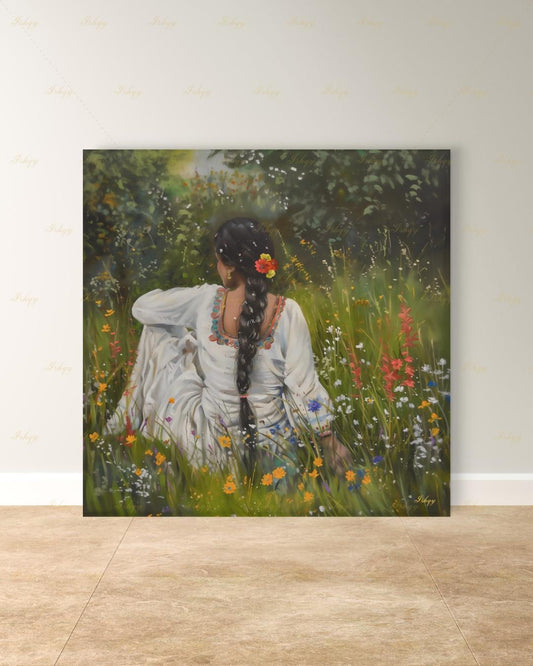 Punjabi Woman Wall Art, Wildflower Meadow Canvas Print, Indian Boho Nature Decor, Cottagecore Floral Art, Framed Canvas, Gift for Her