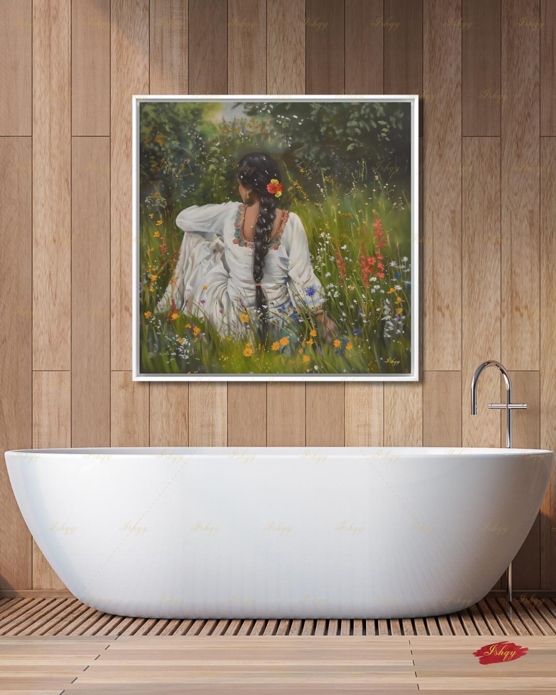 Punjabi Woman Wall Art, Wildflower Meadow Canvas Print, Indian Boho Nature Decor, Cottagecore Floral Art, Framed Canvas, Gift for Her