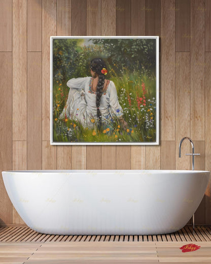 Punjabi Woman Wall Art, Wildflower Meadow Canvas Print, Indian Boho Nature Decor, Cottagecore Floral Art, Framed Canvas, Gift for Her