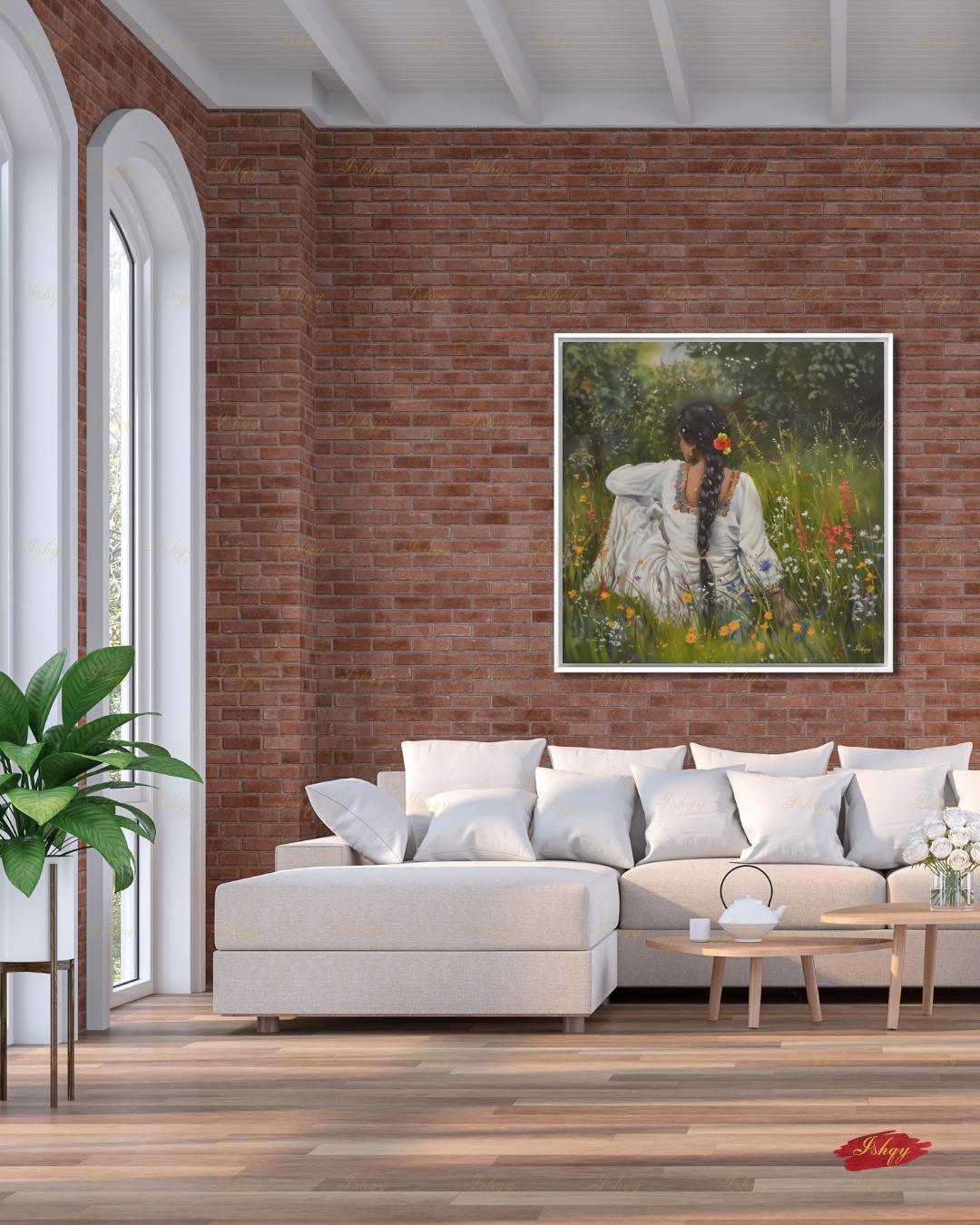 Punjabi Woman Wall Art, Wildflower Meadow Canvas Print, Indian Boho Nature Decor, Cottagecore Floral Art, Framed Canvas, Gift for Her