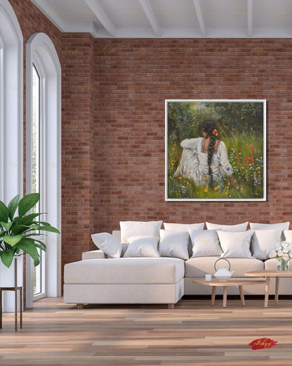 Punjabi Woman Wall Art, Wildflower Meadow Canvas Print, Indian Boho Nature Decor, Cottagecore Floral Art, Framed Canvas, Gift for Her
