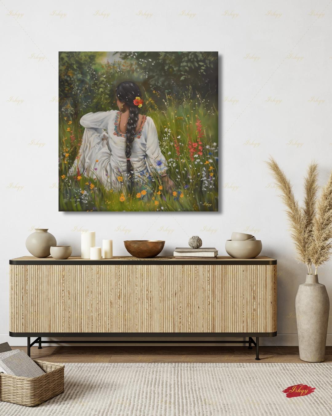 Punjabi Woman Wall Art, Wildflower Meadow Canvas Print, Indian Boho Nature Decor, Cottagecore Floral Art, Framed Canvas, Gift for Her