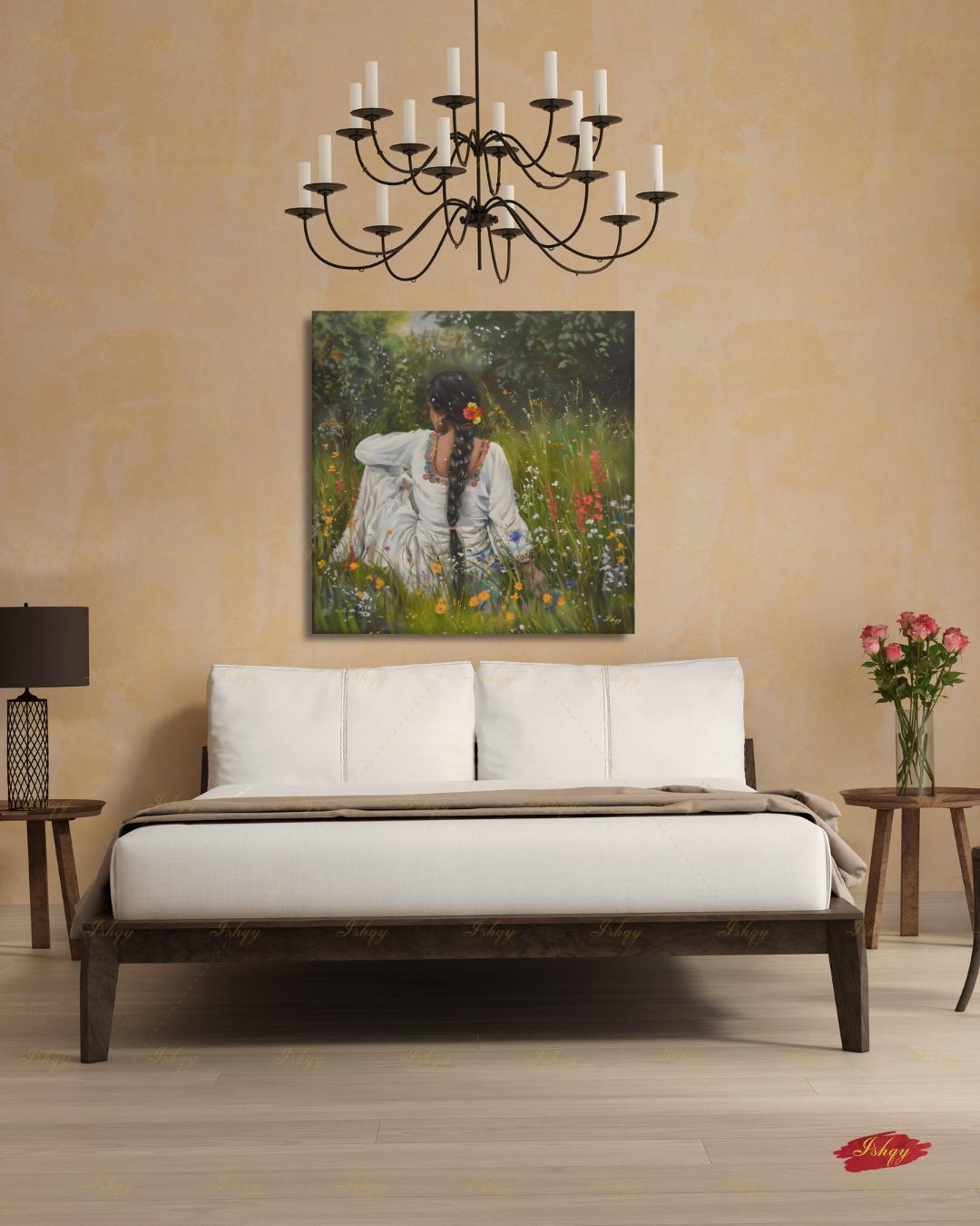 Punjabi Woman Wall Art, Wildflower Meadow Canvas Print, Indian Boho Nature Decor, Cottagecore Floral Art, Framed Canvas, Gift for Her