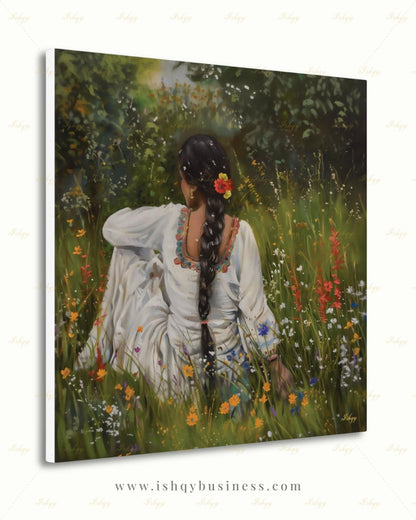 Punjabi Woman Wall Art, Wildflower Meadow Canvas Print, Indian Boho Nature Decor, Cottagecore Floral Art, Framed Canvas, Gift for Her