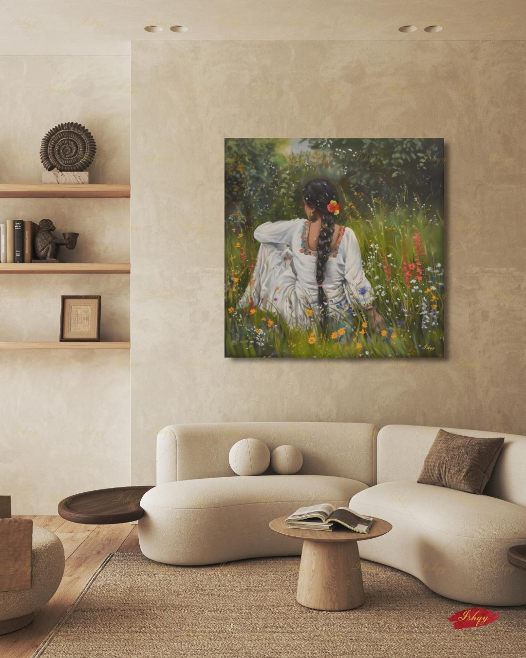 Punjabi Woman Wall Art, Wildflower Meadow Canvas Print, Indian Boho Nature Decor, Cottagecore Floral Art, Framed Canvas, Gift for Her